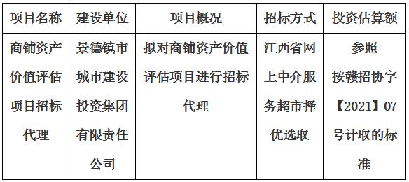 商鋪資產價值評估項目招標代理計劃公告