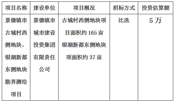 景德鎮(zhèn)市古城村西側(cè)地塊、銀湖新都東側(cè)地塊勘界測繪項目計劃公告