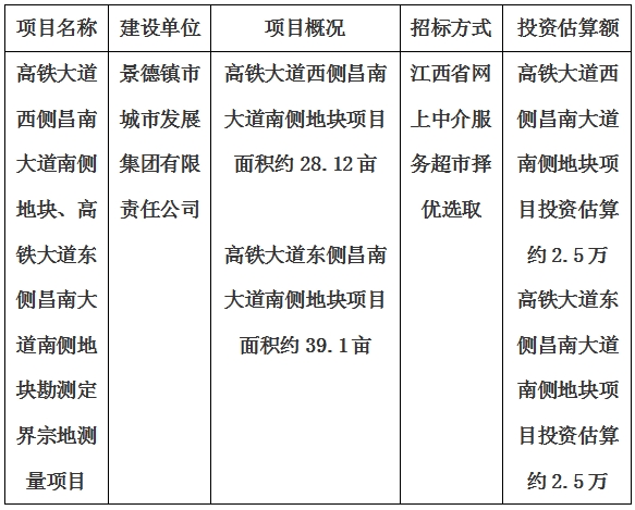 景德鎮(zhèn)市高鐵大道西側(cè)昌南大道南側(cè)地塊、高鐵大道東側(cè)昌南大道南側(cè)地塊勘測定界宗地測量項(xiàng)目計(jì)劃公告