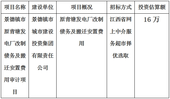 景德鎮(zhèn)市原青塘發(fā)電廠改制債務(wù)及搬遷安置費用審計項目計劃公告