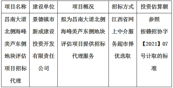 昌南大道北側(cè)海峰美蘆東側(cè)地塊評估項(xiàng)目招標(biāo)代理計(jì)劃公告