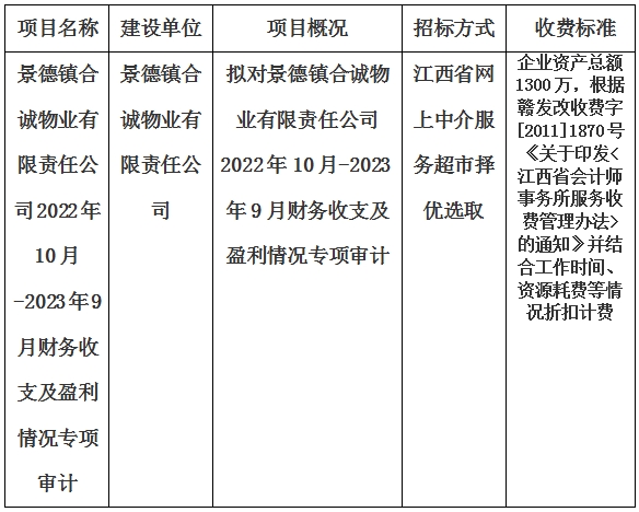 景德鎮(zhèn)合誠(chéng)物業(yè)有限責(zé)任公司2022年10月-2023年9月財(cái)務(wù)收支及盈利情況專項(xiàng)審計(jì)的計(jì)劃公告