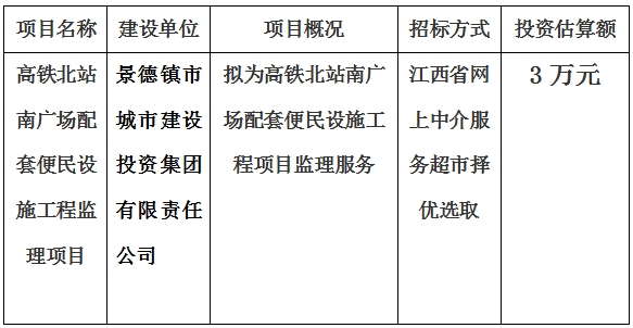 高鐵北站南廣場配套便民設(shè)施工程監(jiān)理項目計劃公告