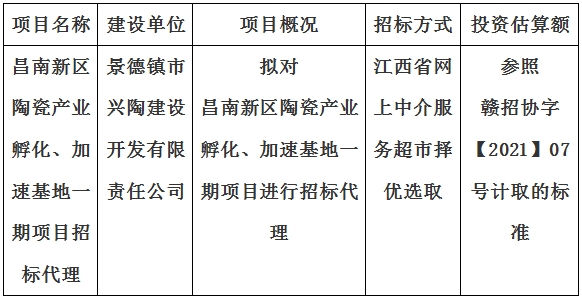 昌南新區(qū)陶瓷產(chǎn)業(yè)孵化、加速基地一期項(xiàng)目招標(biāo)代理計(jì)劃公告