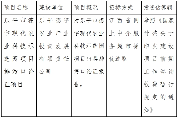 樂平德宇公司德宇現(xiàn)代農(nóng)業(yè)科技示范園排污口論證項目計劃公告