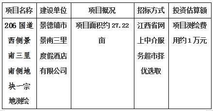 景德鎮(zhèn)市206國道西側景南三里南側地塊一、206國道西側景南三里南側地塊二、206國道西側景南三里南側地塊三、光明大道南側景興大道西側地塊、新村北路北側原財政局地塊、洪源鎮(zhèn)政府北側規(guī)劃路西側地塊宗地測繪項目計劃公告