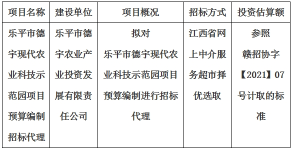 樂平市德宇現(xiàn)代農(nóng)業(yè)科技示范園項(xiàng)目預(yù)算編制招標(biāo)代理計(jì)劃公告