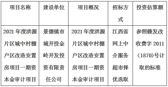 2021年度洪源片區(qū)城中村棚戶區(qū)改造安置房項目一期資本金審計項目計劃公告