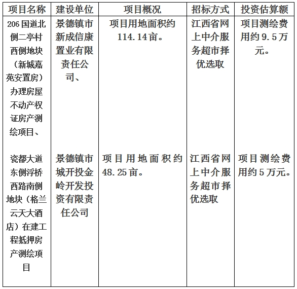 景德鎮(zhèn)市206國道北側(cè)二亭村西側(cè)地塊（新城嘉苑安置房）辦理房屋不動(dòng)產(chǎn)權(quán)證房產(chǎn)測(cè)繪項(xiàng)目、瓷都大道東側(cè)浮橋西路南側(cè)地塊（格蘭云天大酒店）在建工程抵押房產(chǎn)測(cè)繪項(xiàng)目計(jì)劃公告